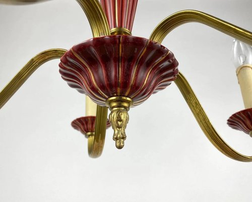 Gilded Brass and Burgundy Ceramics Chandelier-GYX-1353277