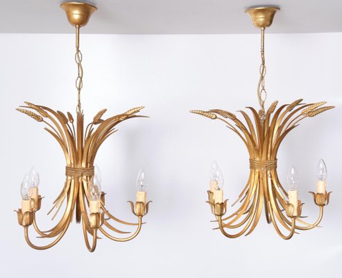 Gilded Brass Wheat Sheaf Chandeliers, Italy, 1970s, Set of 2-GCG-1817489