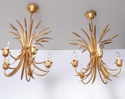 Gilded Brass Wheat Sheaf Chandeliers, Italy, 1970s, Set of 2-GCG-1817489