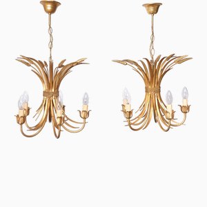 Gilded Brass Wheat Sheaf Chandeliers, Italy, 1970s, Set of 2-GCG-1817489