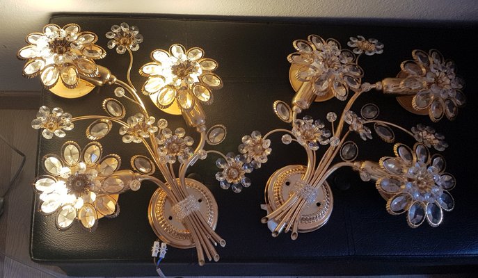 Gilded Crystal Flowers Wall Lamp from Palwa, 1970s, Set of 2-QDP-1323806