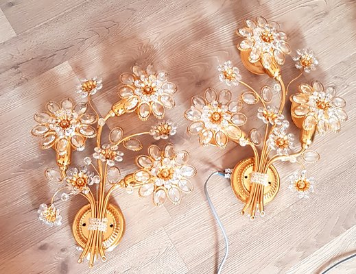 Gilded Crystal Flowers Wall Lamp from Palwa, 1970s, Set of 2-QDP-1323806