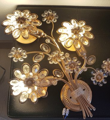 Gilded Crystal Flowers Wall Lamp from Palwa, 1970s, Set of 2-QDP-1323806