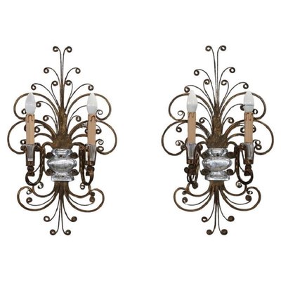 Gilded Iron and Crystal Sconces attributed to Maison Baguès, 1950s, Set of 2-DCO-2033892