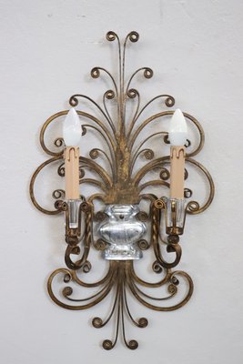 Gilded Iron and Crystal Sconces attributed to Maison Baguès, 1950s, Set of 2-DCO-2033892