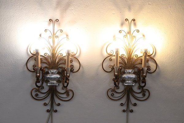 Gilded Iron and Crystal Sconces attributed to Maison Baguès, 1950s, Set of 2-DCO-2033892