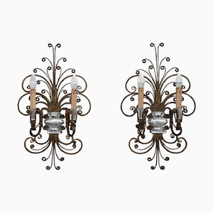 Gilded Iron and Crystal Sconces attributed to Maison Baguès, 1950s, Set of 2-DCO-2033892