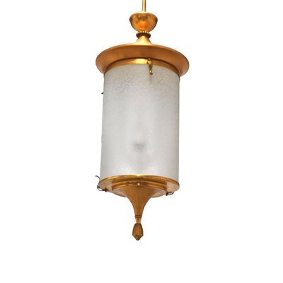 Gilded Metal and Golden Glass Lantern Ceiling Lamp by Lumi, 1950s-JQO-620990