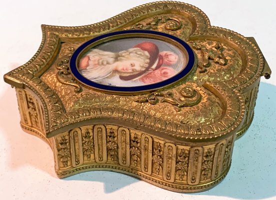 Gilt Bronze Box With Miniature Woman With Hat & Blue Enamel Border-IKW-796699