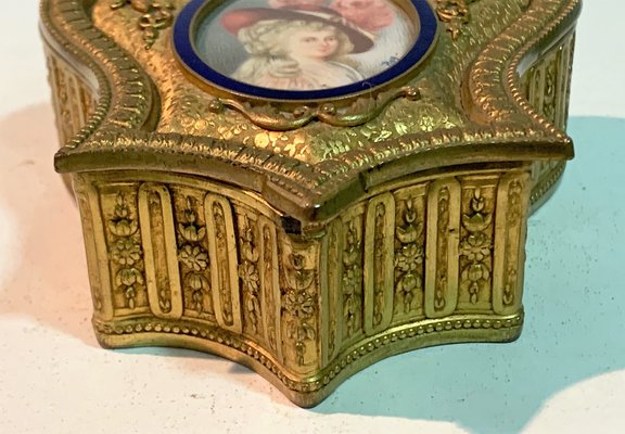 Gilt Bronze Box With Miniature Woman With Hat & Blue Enamel Border-IKW-796699