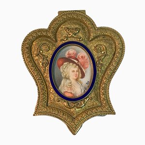 Gilt Bronze Box With Miniature Woman With Hat & Blue Enamel Border-IKW-796699