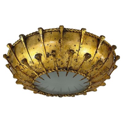 Gilt Iron & Frosted Glass Sunburst Flush Mount, Spain, 1950s-OE-2028676