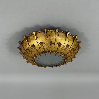 Gilt Iron & Frosted Glass Sunburst Flush Mount, Spain, 1950s-OE-2028676