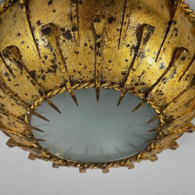 Gilt Iron & Frosted Glass Sunburst Flush Mount, Spain, 1950s-OE-2028676