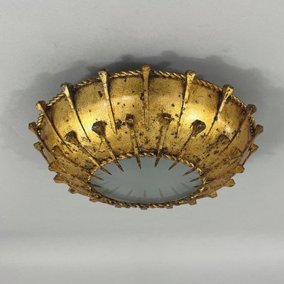 Gilt Iron & Frosted Glass Sunburst Flush Mount, Spain, 1950s-OE-2028676