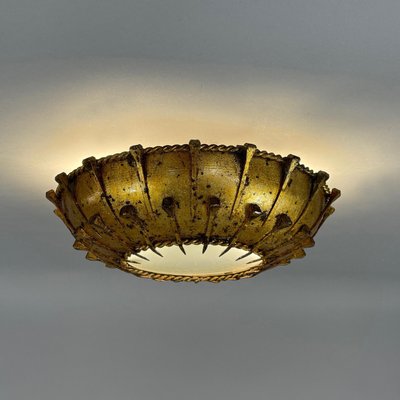 Gilt Iron & Frosted Glass Sunburst Flush Mount, Spain, 1950s-OE-2028676