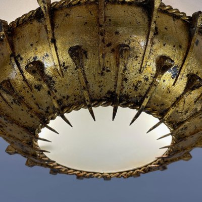 Gilt Iron & Frosted Glass Sunburst Flush Mount, Spain, 1950s-OE-2028676