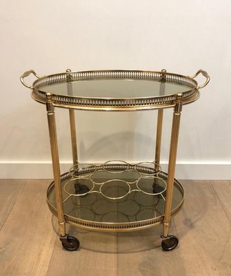 Gilt Metal Oval Drinks Trolley with Removable Tray and Bottle Holder, France, 1940s-BA-938849