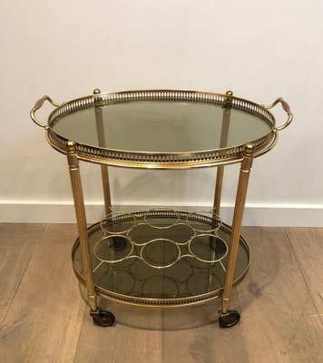 Gilt Metal Oval Drinks Trolley with Removable Tray and Bottle Holder, France, 1940s-BA-938849