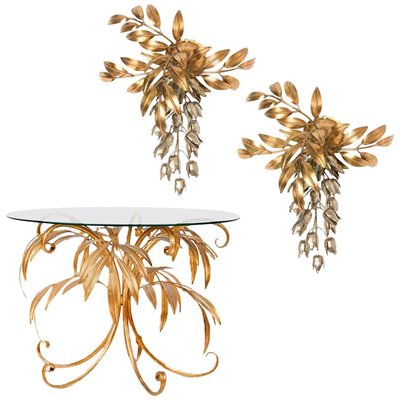 Gilt Metal Palm Tree Wall Sconces and Side Table by by Hans Kögl, 1960s, Set of 3-VDW-860190