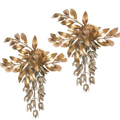 Gilt Metal Palm Tree Wall Sconces and Side Table by by Hans Kögl, 1960s, Set of 3-VDW-860190