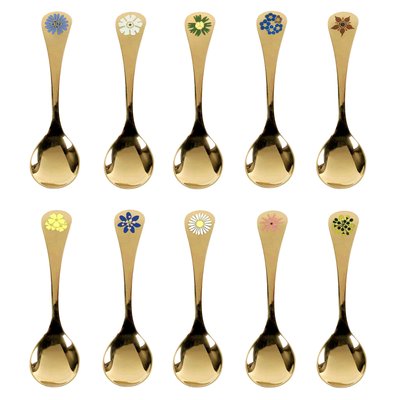 Gilt Sterling Silver with Enamel Floral Decor Spoons by Annelise Björner for Georg Jensen, Denmark, 1980s, Set of 10-YGE-664574