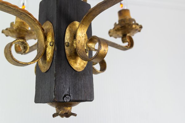 Gilt Wrought Iron and Black Wood Chandelier-KEG-922305