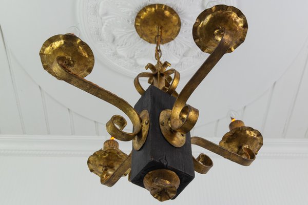 Gilt Wrought Iron and Black Wood Chandelier-KEG-922305