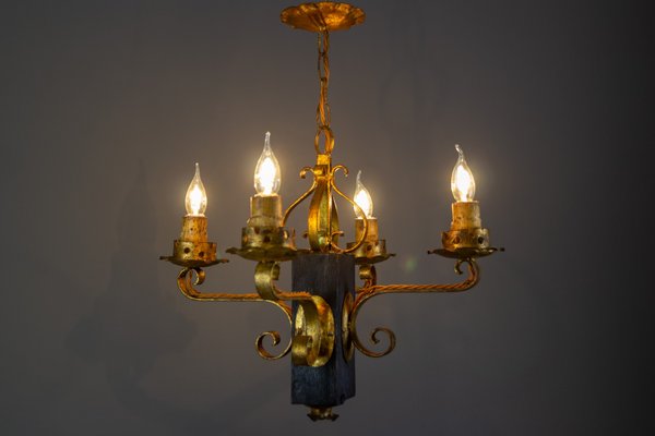 Gilt Wrought Iron and Black Wood Chandelier-KEG-922305