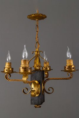 Gilt Wrought Iron and Black Wood Chandelier-KEG-922305