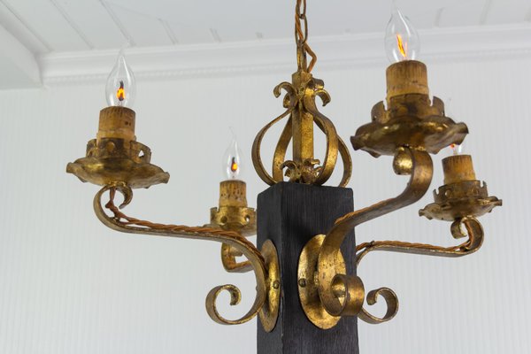 Gilt Wrought Iron and Black Wood Chandelier-KEG-922305