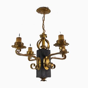 Gilt Wrought Iron and Black Wood Chandelier-KEG-922305