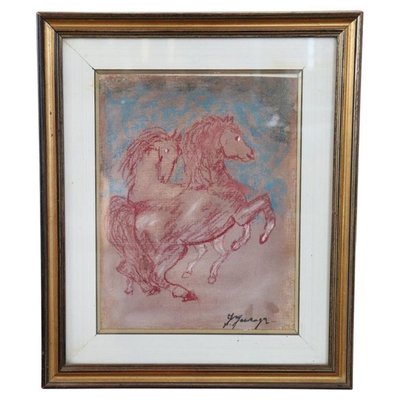 Giovan Francesco Gonzaga, Horses, 21st Century, Colored Crayon on Paper, Framed-DCO-1399116