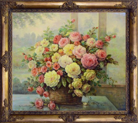 Giovanni Bonetti, Basket of Flowers, 1980, Oil on Canvas, Framed-VHF-2018134