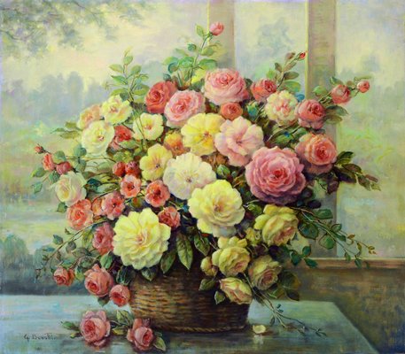 Giovanni Bonetti, Basket of Flowers, 1980, Oil on Canvas, Framed-VHF-2018134