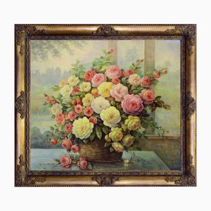 Giovanni Bonetti, Basket of Flowers, 1980, Oil on Canvas, Framed-VHF-2018134