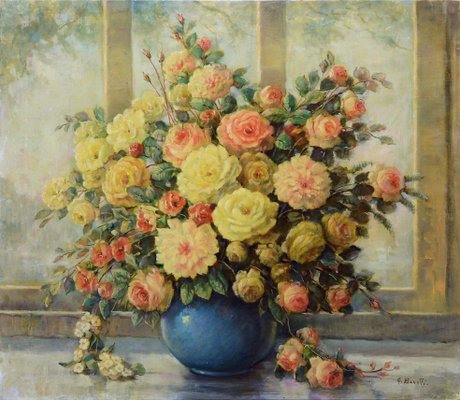 Giovanni Bonetti, Floral Arrangement in a Blue Vase, 1980s, Oil on Canvas, Framed-VHF-2018145