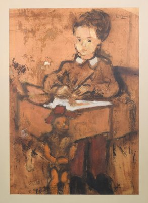 Girl and Puppet with Toy Horse, Mid-20th Century, Oil on Paper or Card-AOI-1106859