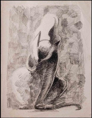 Giselle Halff, Cat, Charcoal Drawing, Mid 20th Century-ZCI-1344776