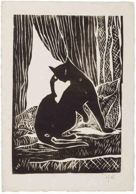 Giselle Halff, Cat, Original Woodcut, Mid 20th-Century-ZCI-1362553