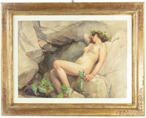 Giuseppe Lallich, Naked Woman on the Rocks, Watercolor, Early 20th Century, Framed-ZCI-1769991