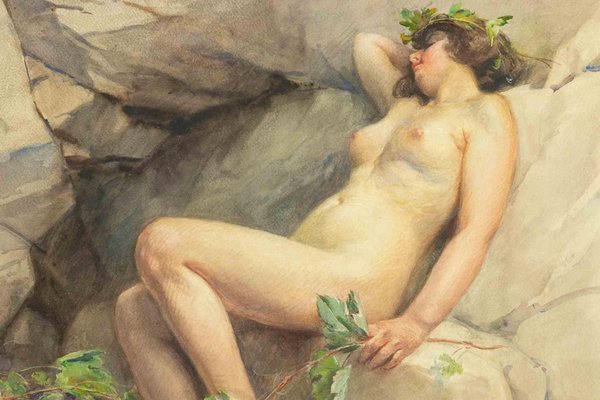 Giuseppe Lallich, Naked Woman on the Rocks, Watercolor, Early 20th Century, Framed-ZCI-1769991