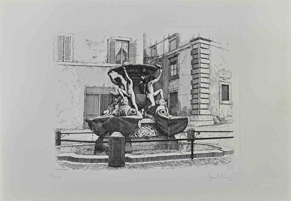 Giuseppe Malandrino, Turtle Fountain, Rome, Original Etching, 1950s-ZCI-1342867