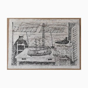 Giuseppe Viviani, Ocarina and Sea, Early 20th-Century, Ink Drawing-ZCI-829352