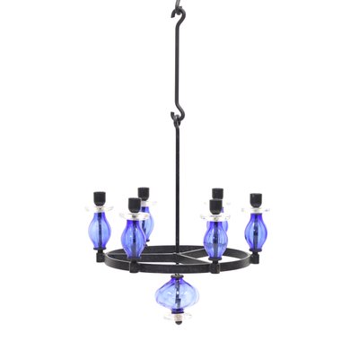 Glass and Wrought Iron Chandelier by Erik Höglund for Boda Smide, 1960s-KQ-1072294