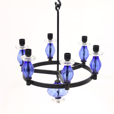 Glass and Wrought Iron Chandelier by Erik Höglund for Boda Smide, 1960s-KQ-1072294