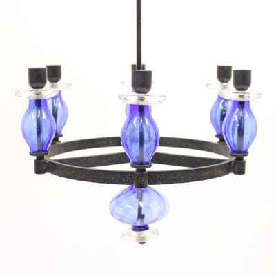 Glass and Wrought Iron Chandelier by Erik Höglund for Boda Smide, 1960s-KQ-1072294