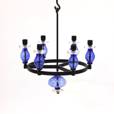 Glass and Wrought Iron Chandelier by Erik Höglund for Boda Smide, 1960s-KQ-1072294