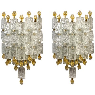 Glass Block & Gold Tulip Sconces from Barovier & Toso, 1940, Set of 2-MBH-1032384