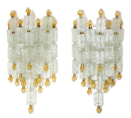 Glass Blocks with Gold Tulip Sconces from Barovier & Toso, 1940s, Set of 2-MBH-1032012